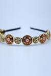 Shop_Foot Fuel_Gold Crystals, Beads Floral Carved Circular Brooch Hairband _at_Aza_Fashions