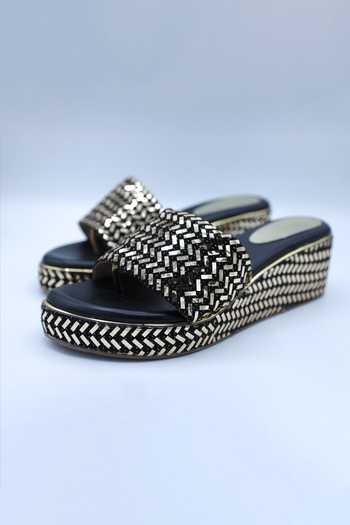 Shop_Foot Fuel_Black Foil Printing Mera Love Work Wedges _at_Aza_Fashions