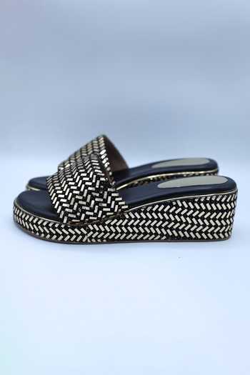 Foot Fuel_Black Foil Printing Mera Love Work Wedges _Online_at_Aza_Fashions