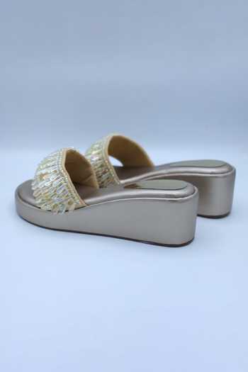 Buy_Foot Fuel_Cream Beads Crystal Embellished Wedges _Online_at_Aza_Fashions