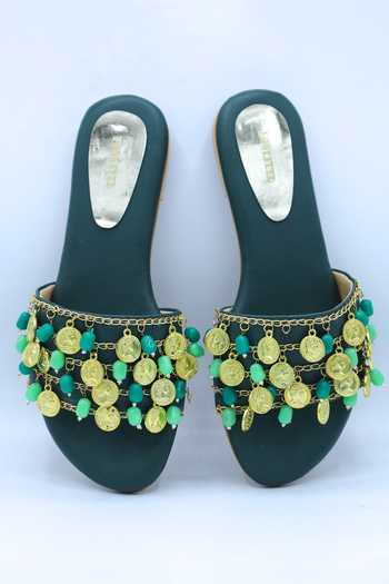 Shop_Foot Fuel_Green Chain And Beads Tassel Drop Flats _at_Aza_Fashions