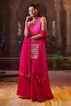 Buy_Pink City by Sarika_Pink Silk Embroidery Bandhani Halter Neck Pattern Kurta Sharara Set_at_Aza_Fashions