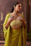 Shop_Pink City by Sarika_Green Silk Embroidery Bandhani Blouse Round Print Cape Draped Skirt Set 