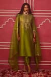 Buy_Pink City by Sarika_Green Organza, Silk, Chanderi Zardozi Paisley Embroidered Kurta Pant Set _at_Aza_Fashions
