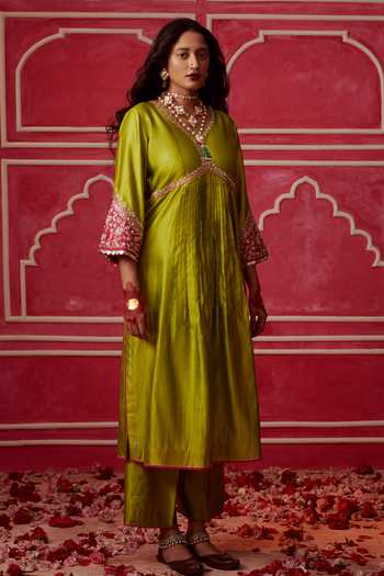 Navy Blue Leheriya Tie-Dye Chanderi Silk Long Kurta