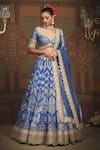 Shop_SHIKHAR SHARMA_Blue Banarasi Floral Woven Leaf Neck Bridal Lehenga Set 