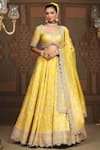 Buy_SHIKHAR SHARMA_Yellow Banarasi Floral Woven Leaf Neck Checkered Bridal Lehenga Set _at_Aza_Fashions