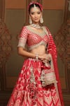 Buy_SHIKHAR SHARMA_Red Banarasi Floral Woven Leaf Neck Checkered Bridal Lehenga Set _Online_at_Aza_Fashions