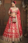 SHIKHAR SHARMA_Red Banarasi Floral Woven Leaf Neck Checkered Bridal Lehenga Set _at_Aza_Fashions