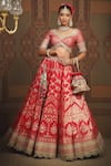 Buy_SHIKHAR SHARMA_Red Banarasi Floral Woven Leaf Neck Checkered Bridal Lehenga Set 