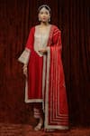 Buy_SHIKHAR SHARMA_Red Kurta And Pant Silk Chanderi Embroidered Pearl V Neck Badla Straight Set _at_Aza_Fashions