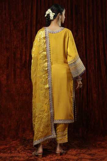 Shop_Shikhar Sharma_Yellow Kurta And Pant Silk Chanderi Embroidered Pearl Round Badla Bright Set _at_Aza_Fashions