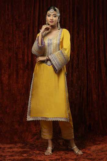 Buy_Shikhar Sharma_Yellow Kurta And Pant Silk Chanderi Embroidered Pearl Round Badla Bright Set _Online_at_Aza_Fashions