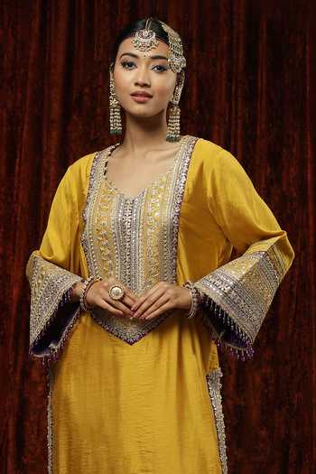 Shop_Shikhar Sharma_Yellow Kurta And Pant Silk Chanderi Embroidered Pearl Round Badla Bright Set _Online_at_Aza_Fashions
