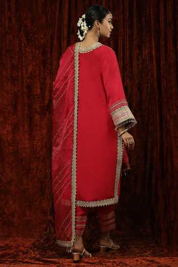 Shop_Shikhar Sharma_Red Kurta And Pant Silk Chanderi Embroidered Pearl V Neck Dori Set _at_Aza_Fashions