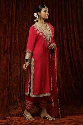 Shikhar Sharma_Red Kurta And Pant Silk Chanderi Embroidered Pearl V Neck Dori Set _Online_at_Aza_Fashions