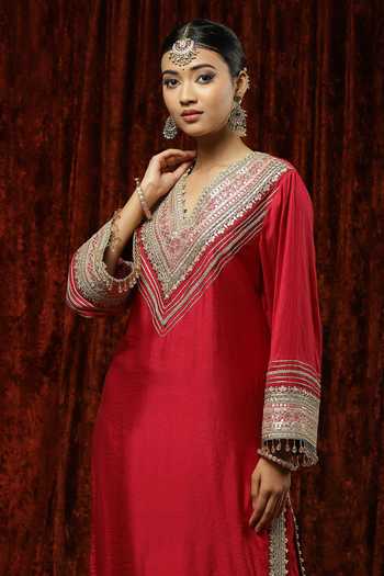 Shop_Shikhar Sharma_Red Kurta And Pant Silk Chanderi Embroidered Pearl V Neck Dori Set _Online_at_Aza_Fashions