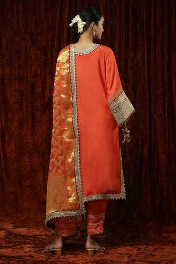 Shop_Shikhar Sharma_Orange Kurta And Pant Silk Chanderi Embroidered Pearl Leaf Straight Set _at_Aza_Fashions