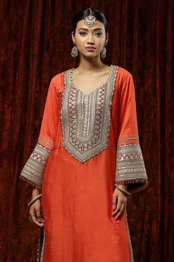 Shop_Shikhar Sharma_Orange Kurta And Pant Silk Chanderi Embroidered Pearl Leaf Straight Set _Online_at_Aza_Fashions