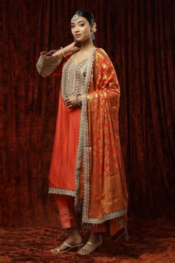 Shikhar Sharma_Orange Kurta And Pant Silk Chanderi Embroidered Pearl Leaf Straight Set _at_Aza_Fashions