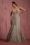 Buy_Roqa_Silver Net Embroidered Sequin Sandrine Crystal Embellished Mermaid Gown _at_Aza_Fashions