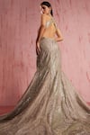 Roqa_Silver Net Embroidered Sequin Plunge V-neck Sandra Crystal Trail Gown _Online_at_Aza_Fashions