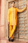 Buy_Abkasa_Yellow Katan Silk Embroidered Stitch Lines Citrina Kurta And Pant Set  _at_Aza_Fashions