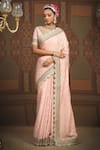 Buy_SHIKHAR SHARMA_Pink Saree Embellished Gota V Neck Chanderi Floral Jaal Woven With Blouse _at_Aza_Fashions