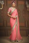 SHIKHAR SHARMA_Pink Saree Embellished Gota V Neck Flower Woven With Blouse _Online_at_Aza_Fashions