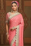 Buy_SHIKHAR SHARMA_Pink Saree Embellished Gota V Neck Flower Woven With Blouse _Online_at_Aza_Fashions