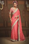 Buy_SHIKHAR SHARMA_Pink Saree Embellished Gota V Neck Floral Jaal Woven Chanderi With Blouse _at_Aza_Fashions