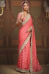 SHIKHAR SHARMA_Pink Saree Embellished Gota V Neck Floral Jaal Woven Chanderi With Blouse _Online_at_Aza_Fashions