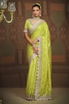 Buy_SHIKHAR SHARMA_Green Saree Embellished Gota V Neck Chanderi Floral Jaal Pattern With Blouse _at_Aza_Fashions