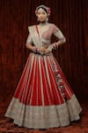 Shop_SHIKHAR SHARMA_Red Lehenga And Blouse Silk Chanderi Embroidery Rose Stripe Pattern Bridal Set _Online_at_Aza_Fashions