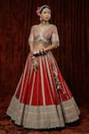 Buy_SHIKHAR SHARMA_Red Lehenga And Blouse Silk Chanderi Embroidery Rose Stripe Pattern Bridal Set 