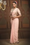 SHIKHAR SHARMA_Pink Saree Georgette Embroidered Gota V Neck Floral Badla With Blouse _at_Aza_Fashions