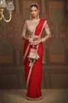 Buy_SHIKHAR SHARMA_Red Saree Pure Crepe Embroidered Gota V Neck Border Work With Blouse _at_Aza_Fashions