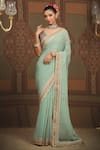 Buy_SHIKHAR SHARMA_Green Saree Georgette Embroidered Gota V Neck Bordered With Blouse _at_Aza_Fashions