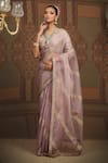 Buy_SHIKHAR SHARMA_Purple Sareesilk Organza Embroidered Gota V Neck Leheriya Saree With Blouse _at_Aza_Fashions