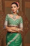 Shop_SHIKHAR SHARMA_Emerald Green Sareesilk Organza Embroidered Leheriya Work Saree With Blouse _Online_at_Aza_Fashions