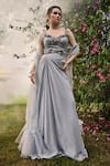 Shop_BAYA_Grey Organza Embroidered Sequin Sweetheart Draped Skirt Corset Blouse Set 