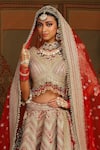 Buy_SHIKHAR SHARMA_Red Silk Chanderi Embroidery Gota Scallop V Neck And Dori Bridal Lehenga Set 