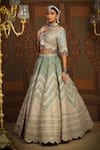 SHIKHAR SHARMA_Green Silk Chanderi Embroidery Gota V Neck Mystic Chevron Bridal Lehenga Set _Online_at_Aza_Fashions