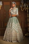 Buy_SHIKHAR SHARMA_Green Silk Chanderi Embroidery Gota V Neck Mystic Chevron Bridal Lehenga Set 