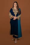 Buy_Daljit Sudan_Blue Kurta And Pant Velvet Embroidery Aari Tilla Cutwork Phiran Set  _at_Aza_Fashions