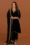 Buy_Daljit Sudan_Black Kurta And Pant Velvet Embroidery Kashmiri V Neck Placement Set _at_Aza_Fashions