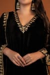 Shop_Daljit Sudan_Black Kurta And Pant Velvet Embroidery Kashmiri V Neck Placement Set _Online_at_Aza_Fashions