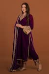 Daljit Sudan_Purple Kurta And Pant Velvet Embroidery Aari Tilla V Neck Set _Online_at_Aza_Fashions