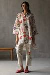 Buy_Roza_Ivory Linen Embroidery Collared Primrose Printed Kaftan _at_Aza_Fashions