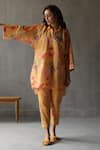 Buy_Roza_Yellow Linen Embroidery Collared Primrose Floral Print Kaftan _at_Aza_Fashions